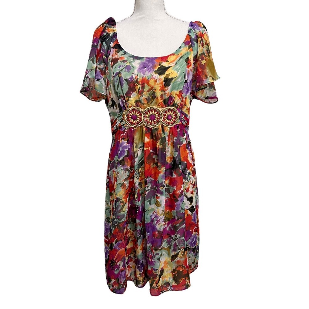 Ice Dress Womens 12 Green Red Floral Beaded Fit & Flare Flutter Side Zipper